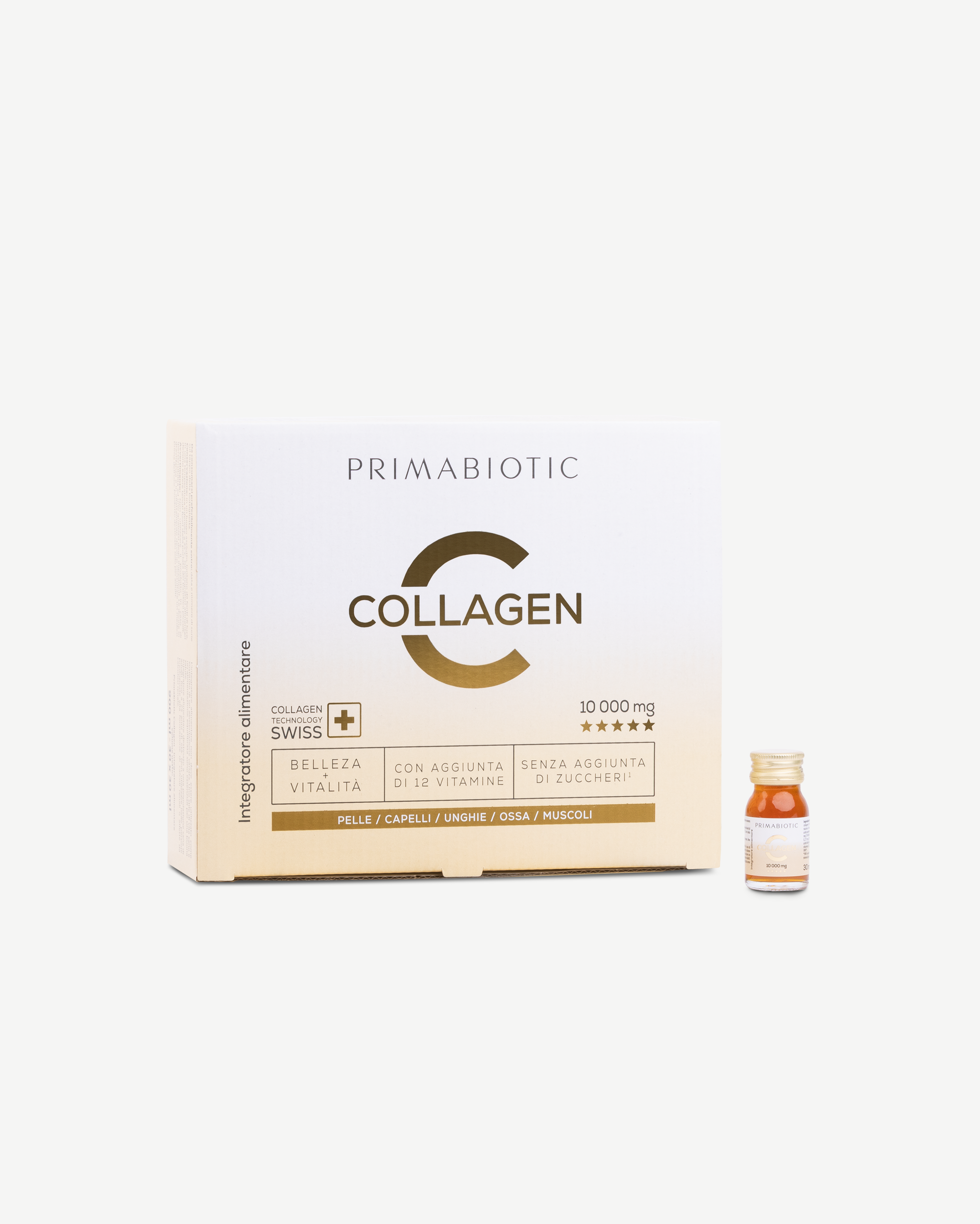 confezione di Primabiotic Collagen 10000 mg e un flaconcino accanto