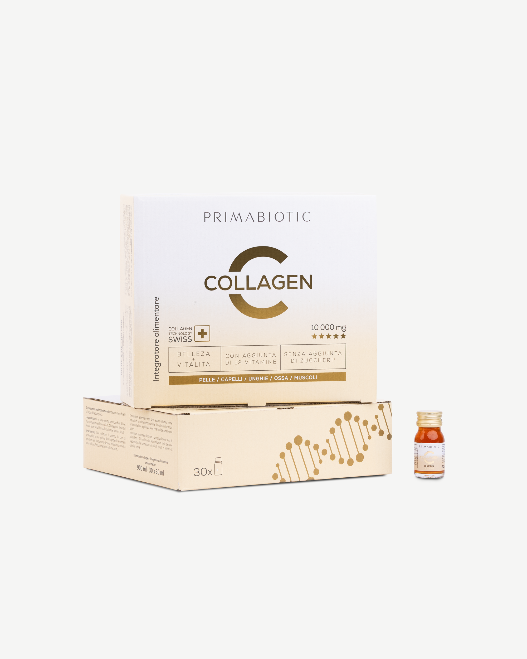 due confezioni di Primabiotic Collagen 10000 mg e un flaconcino accanto