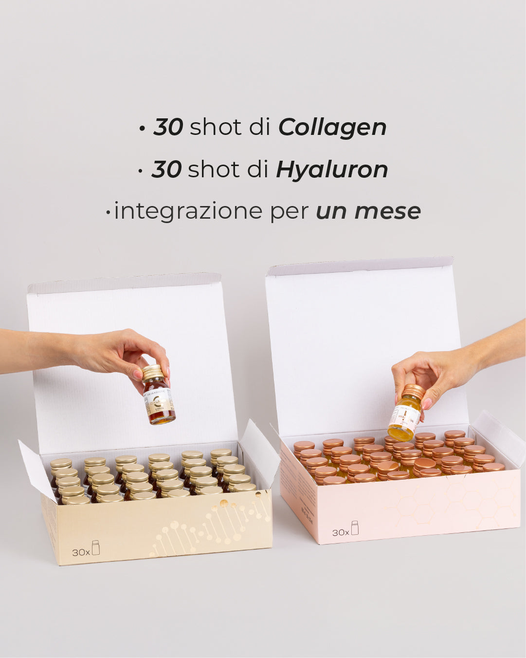 box con 30 shot di Primabiotic Collagen e 30 shot di Hyaluron con scritta integrazione per un mese