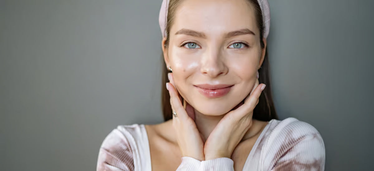 Una donna che tocca una pelle sana e luminosa