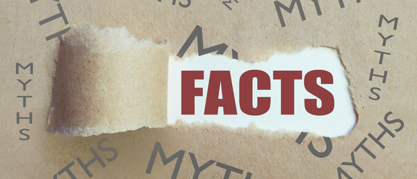 Carta marrone strappata che rivela la parola FACTS in rosso, circondata dalla parola MYTHS