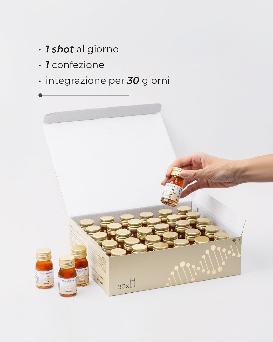 confezione da 30 flaconcini di Primabiotic Collagen con mano che solleva una bottiglietta e scritta 1 shot al giorno integrazione per 30 giorni