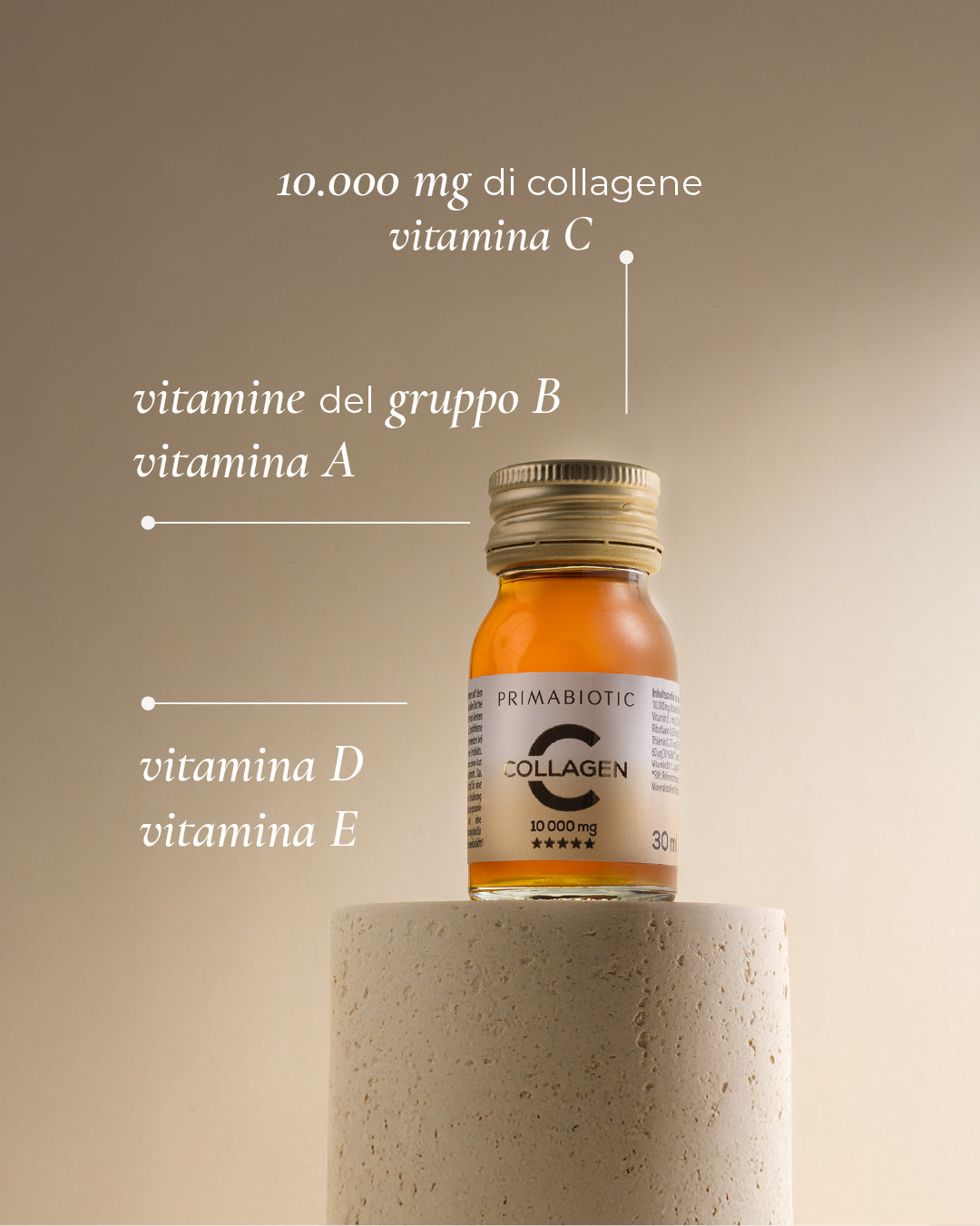 flaconcino Primabiotic Collagen 10000 mg con vitamine C B A D E integratore in vetro da 30ml