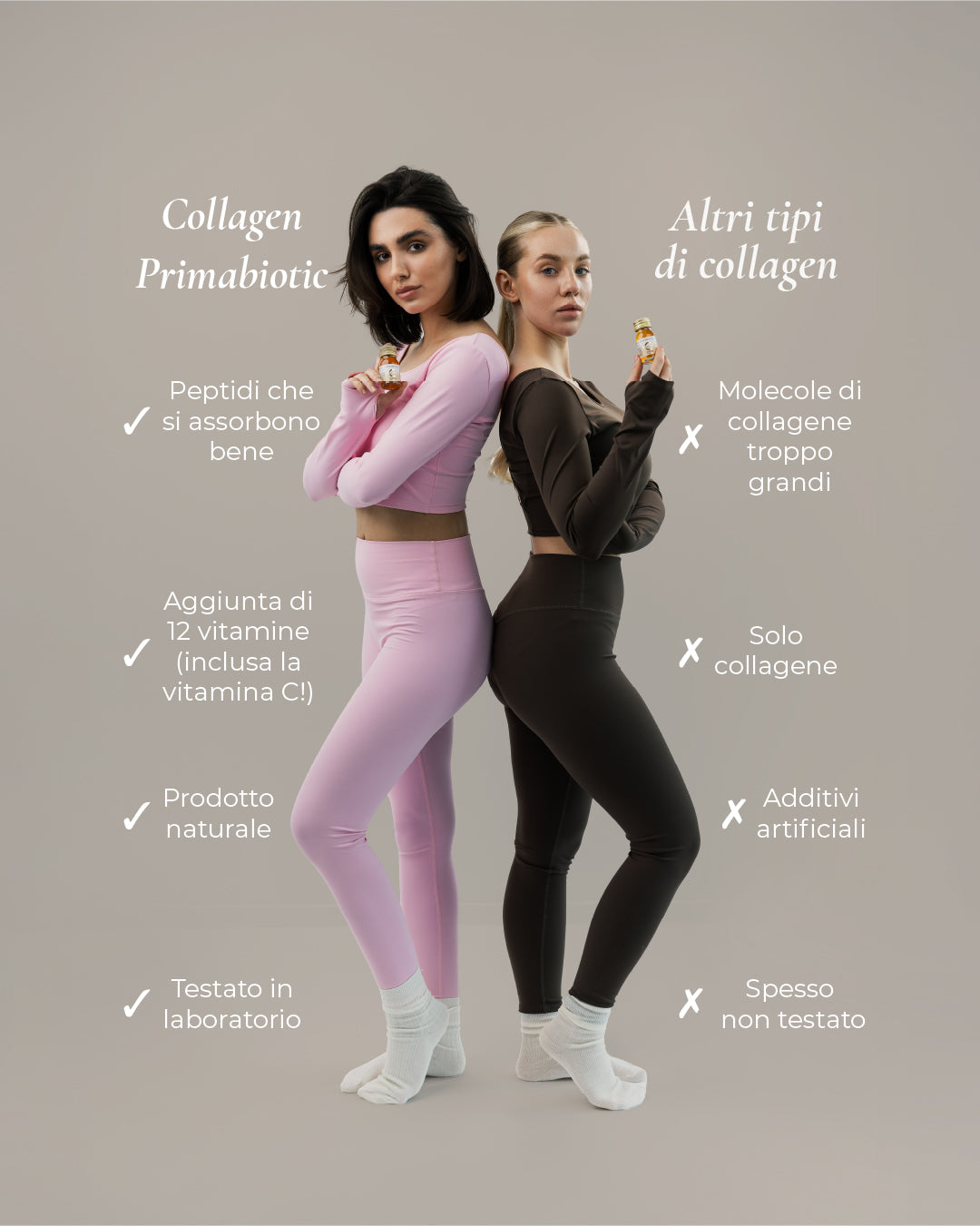 due donne con flaconcini di collagene mostrano confronto tra Collagen Primabiotic con vitamine e test di laboratorio e altri tipi di collagene senza test e con additivi