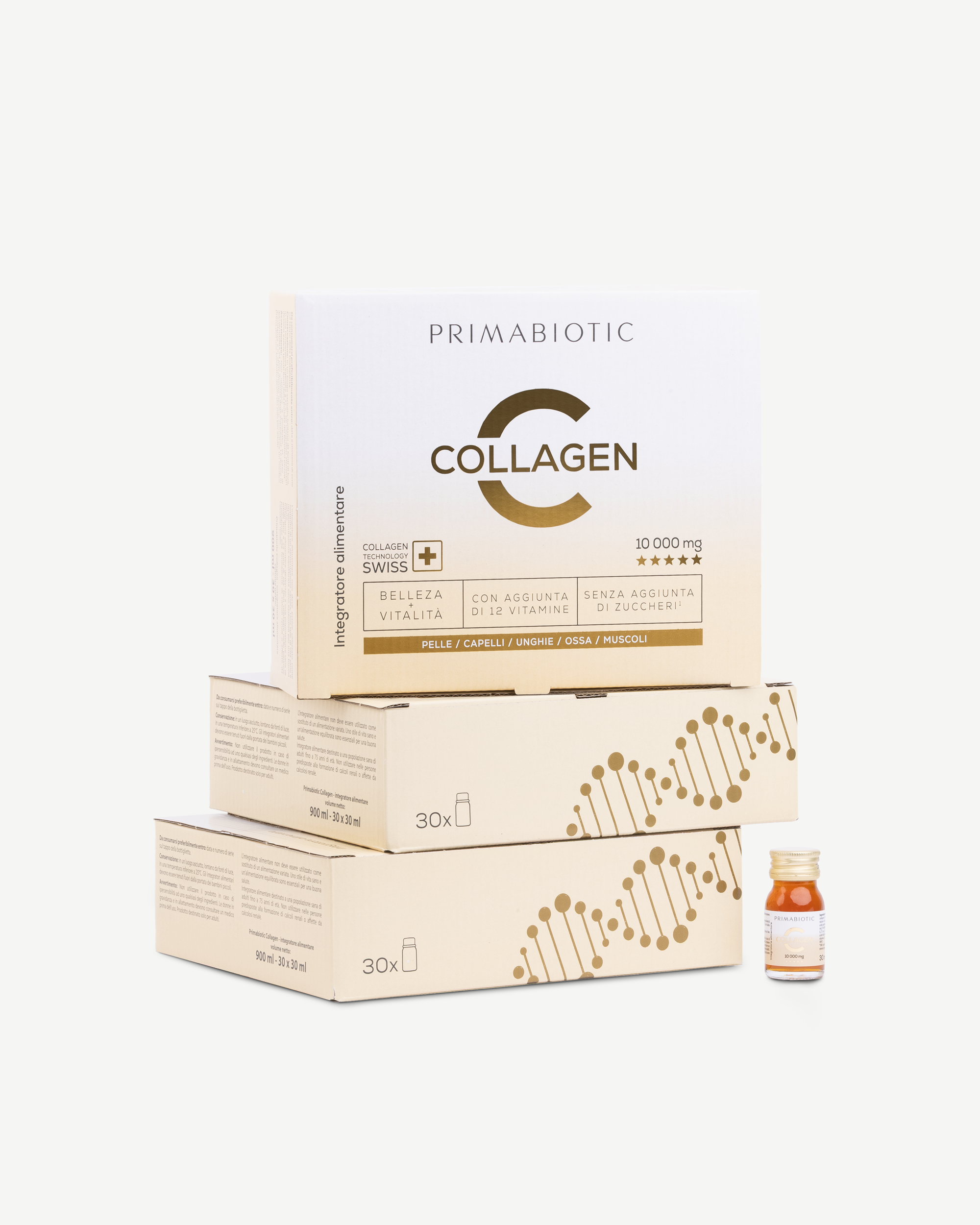 tre confezioni di Primabiotic Collagen 10000 mg e un flaconcino accanto