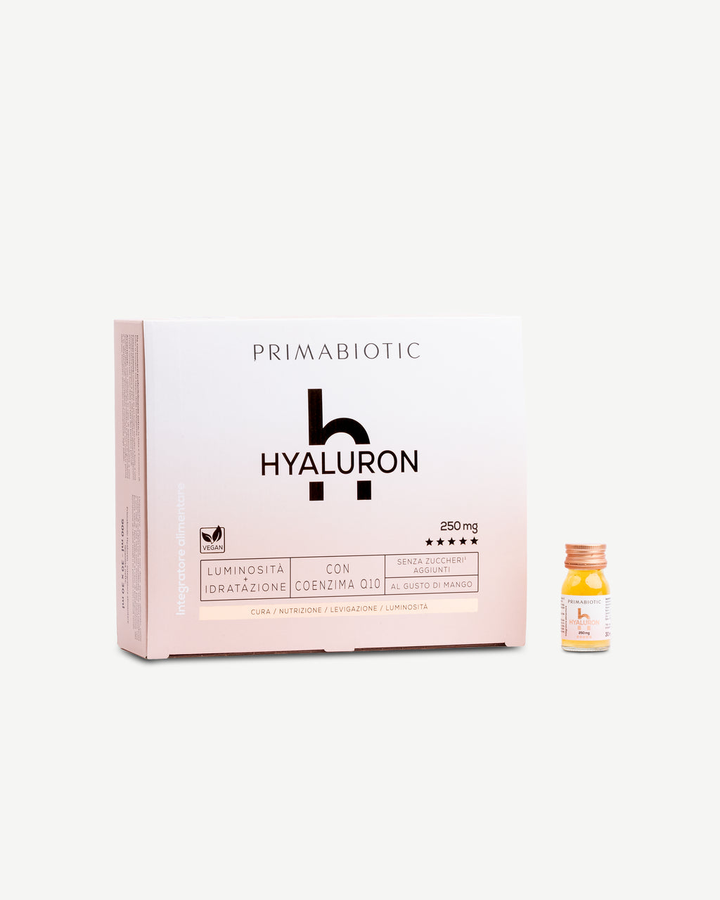 confezione di Primabiotic Hyaluron 250 mg e un flaconcino accanto