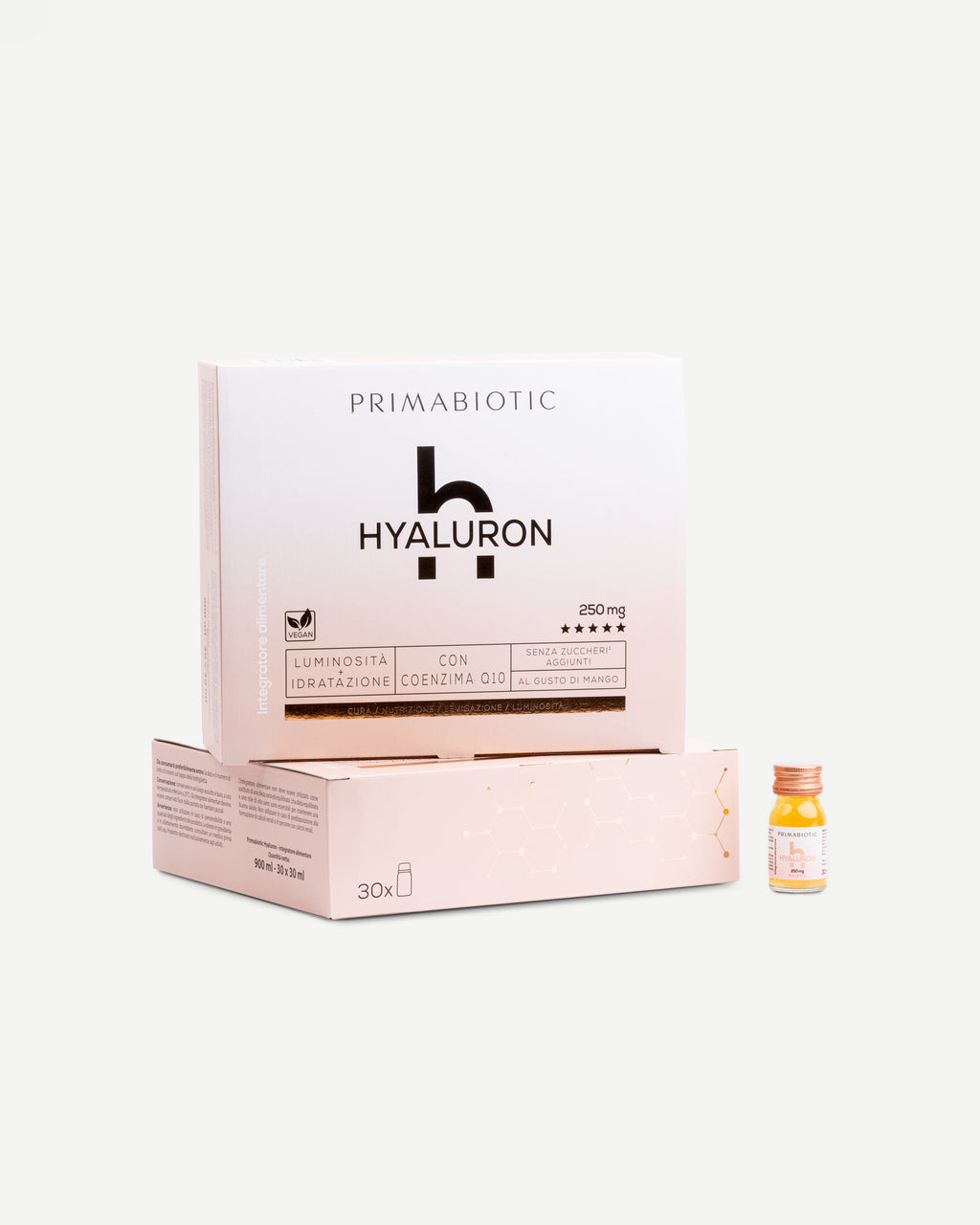 due confezioni di Primabiotic Hyaluron 250 mg e un flaconcino accanto